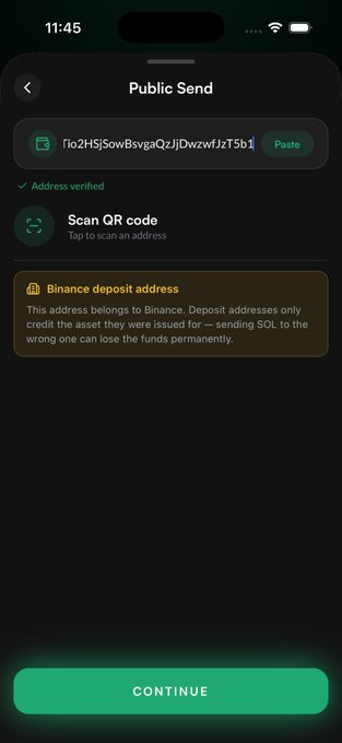 A mobile app screen showing a 'Public Send' interface with a Solana address, 'Address verified' confirmation, options to 'Scan QR code', and a warning that 'This address belongs to Binance.'