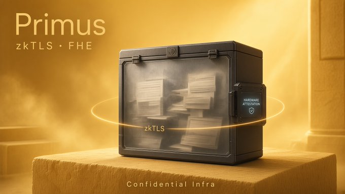 A 3D render of a black secure safe on a pedestal with a golden glow, labeled 'Primus', 'zkTLS • FHE', 'zkTLS', 'HARDWARE ATTESTATION', and 'Confidential Infra'.