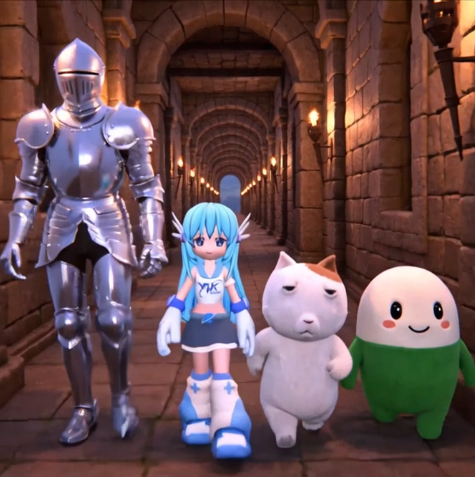 A 3D rendered scene showing a knight in shining armor, an anime-style girl with blue hair, a grumpy white cat, and a smiling egg character walking down a stone castle corridor.