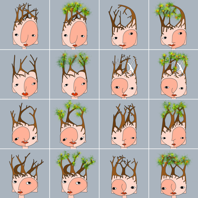Grid of 16 surreal illustrated faces featuring distorted facial features with tree branches and green foliage growing from their heads.