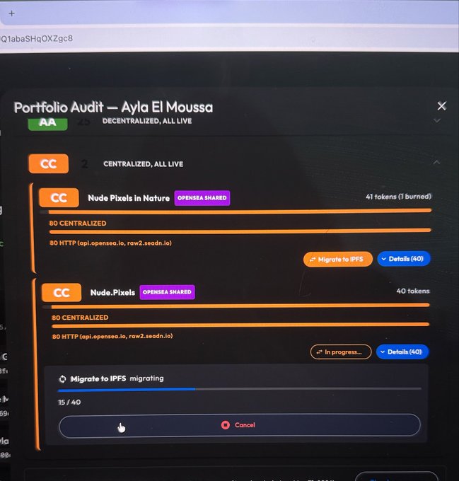 A screenshot of a 'Portfolio Audit' interface showing NFT migration progress, with two 'Nude.Pixels' collections being migrated to IPFS, currently at 35/40.