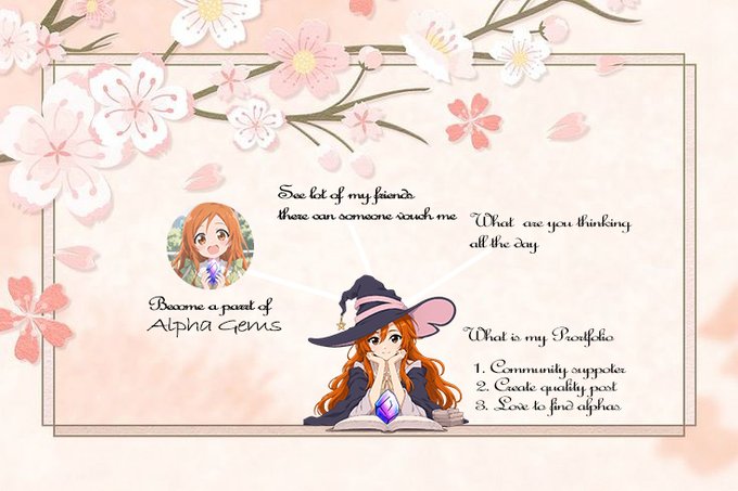 An anime-style graphic featuring a witch character with a pointed hat, surrounded by cherry blossom decorations and text describing "Alpha Gems" community features including a portfolio of community support, exotic quality posts, and love for finding alphas.