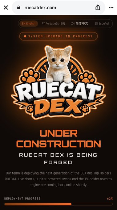 A 'ruecatdex.com' under-construction page with an orange kitten logo, noting 'SYSTEM UPGRADE IN PROGRESS' at 62% deployment progress.