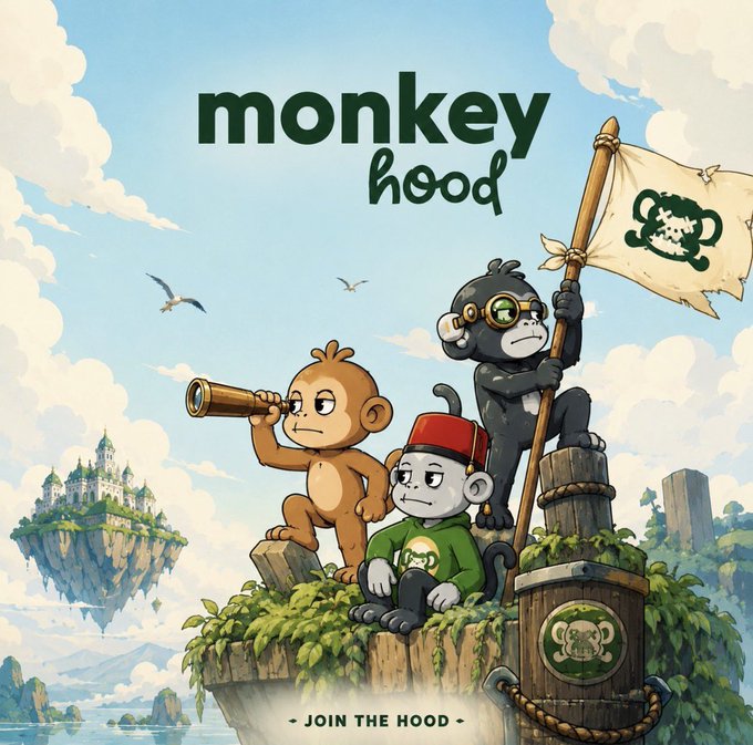 A whimsical cartoon illustration shows three monkeys perched on a cliffside, with one holding a telescope, another wearing a red fez, and a third clutching a "Monkey Hood" flag, under the text "monkey hood — JOIN THE HOOD." The image ties into the post's "no evil" motif (echoing the iconic see-no-evil, speak-no-evil, hear-no-evil monkeys) while branding the Monkey Hood Web3 community with a playful "gm web3" greeting.
