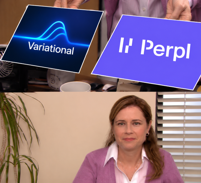 The image shows Jenna Fischer in an office setting with two logos floating above her: a blue "Variational" logo and a purple "Perpl" logo. This relates to the post's question by suggesting the visual comparison between two similar-looking company logos, humorously echoing the "are both of the perps the same" reference about Variational and Perpl being potentially related entities.