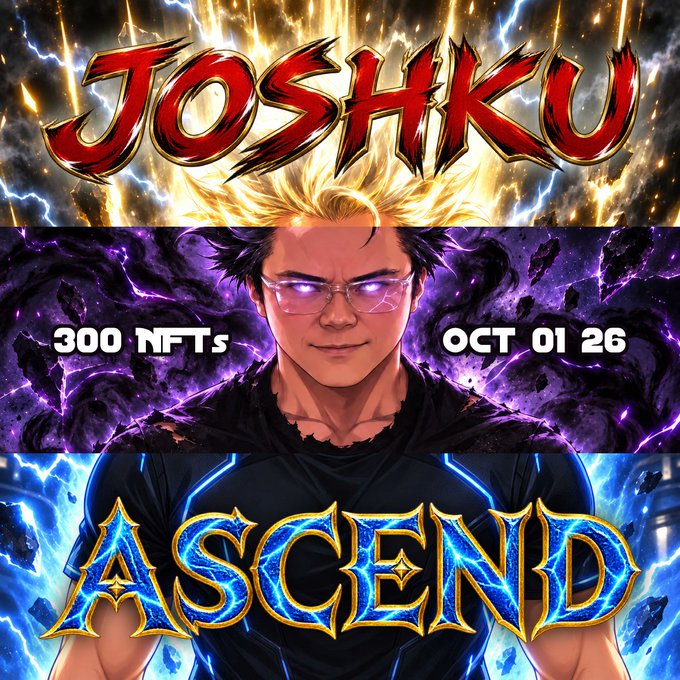 An anime-style promotional graphic features a male character with glasses and spiky hair, with the text "JOSHKU", "300 NFTs", "OCT 01 26", and "ASCEND".