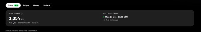 A digital dashboard shows 'YOUR POINTS' at 1,354 and 'NEXT SETTLEMENT' scheduled for 'Mon 26 Oct - 14:00 UTC' for an Aim Labs reward system.
