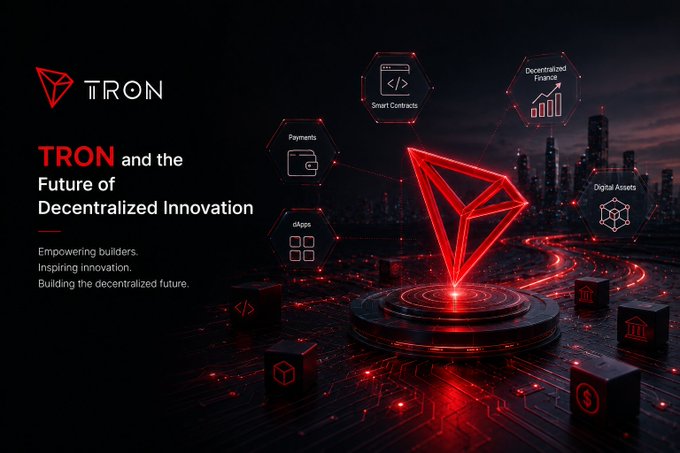 A promotional graphic for "TRON and the Future of Decentralized Innovation" features a glowing red TRON logo on a platform with interconnected hexagonal icons for Smart Contracts, Payments, dApps, Decentralized Finance, and Digital Assets.