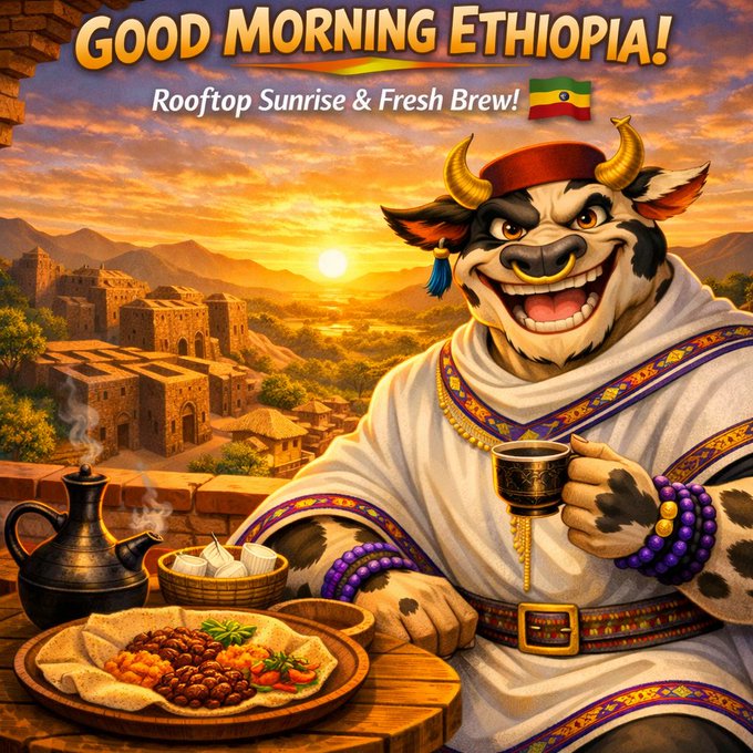 The image features a cartoon cow wearing a white robe, holding a cup of coffee while sitting at a table with food. The background shows a sunset over the Scottish Highlands, with mountains visible in the distance. The caption reads "Good Morning Ethiopia!", which is related to the post about the sunrise and fresh brews.