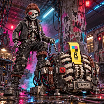 A skeletal figure in a beanie and trench coat stands beside a massive mechanical "RCPTS" printer in a neon-lit industrial setting, with visible text including "R," "RCPTS," and labels like "PRINTERS," "FILM," and "COPYC," matching the post's reference to the rare Mythic PRINTERS NFTs from the RECEIPTS collection.