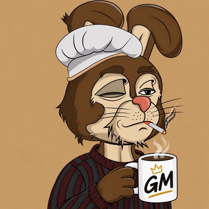 A cartoon illustration of an anthropomorphic brown bunny wearing a white chef's hat and a striped shirt, winking while smoking a cigarette and holding a steaming mug with 'GM' and a crown logo on it.