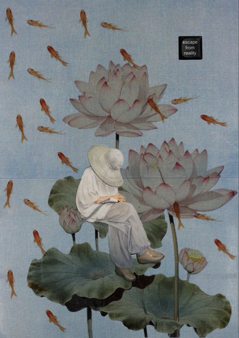 An artistic image of a person in white clothing and a wide-brimmed hat sitting on a lotus leaf, surrounded by koi fish and lotus flowers, with a small label reading 'escape from reality'.