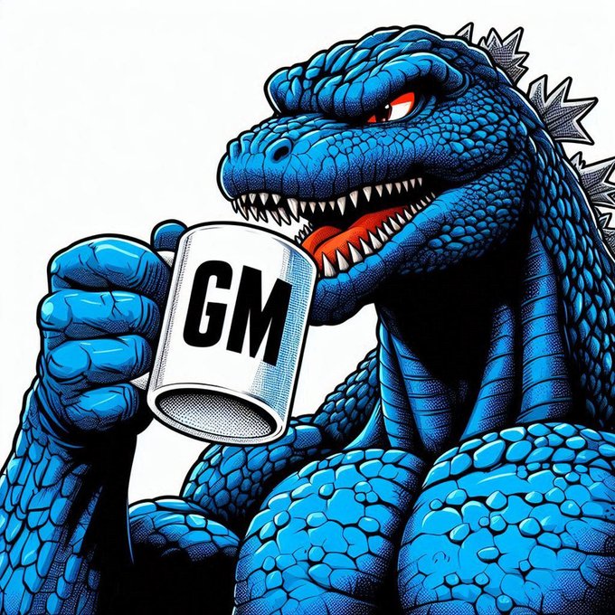 A blue illustrated Godzilla character drinking from a white mug labeled 'GM' (Good Morning).