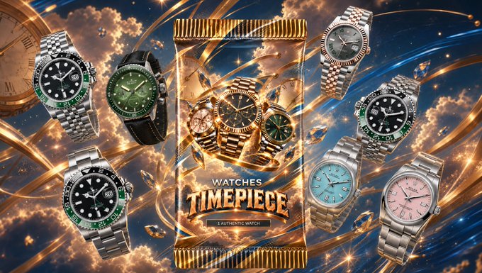 A promotional advertisement for 'WATCHES TIMEPIECE' displays various luxury watches including Rolex Submariner models with green bezels arranged around a gold packaging bag against a sky background.