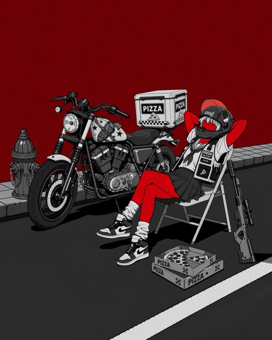 A pizza delivery rider in a red hood and helmet takes a break in a chair beside a parked motorcycle, surrounded by pizza boxes labeled "PIZZA," with a sniper rifle propped nearby. The post relates by signaling a time-limited art drop, using the rider's relaxed, waiting pose as a visual cue that "this is it" — the moment to make a move before offers close.
