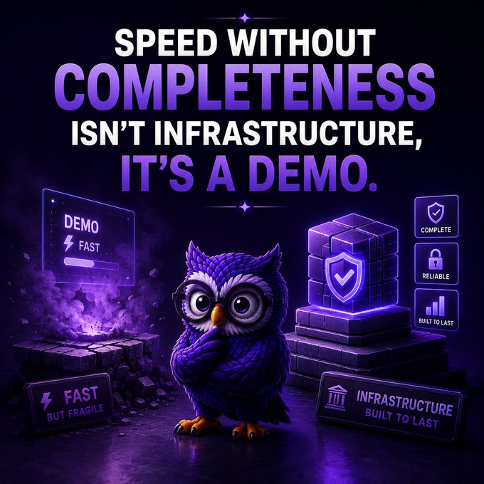 A purple owl stands between a crumbling "FAST but fragile" demo display and a fortified "COMPLETE/RELIABLE/BUILT TO LAST" infrastructure tower, illustrating the post's message that indexers like Sentio prioritizing sync speed without delivering complete data are merely demos, not real infrastructure on BNB Chain.