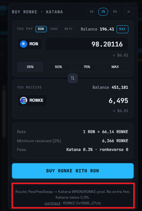 A cryptocurrency exchange interface for 'BUY RONKE - KATANA', showing a swap of 98.20116 RON for 6,495 RONKE at a rate of 1 RON = 66.14 RONKE.