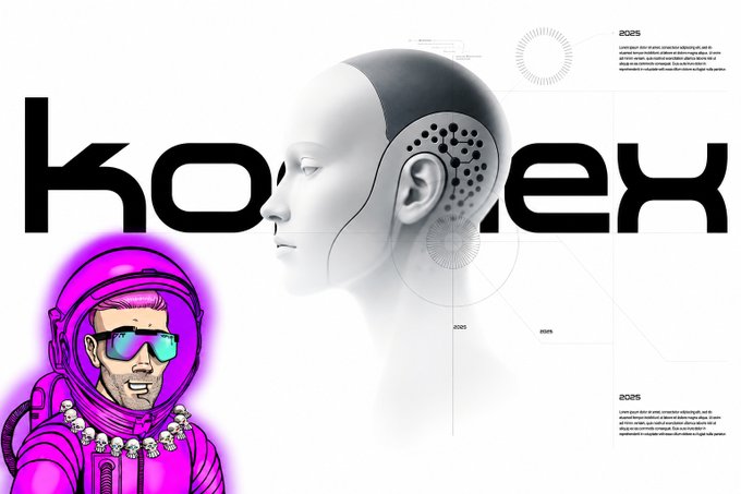 A futuristic graphic featuring a stylized white robotic head merged with the "KONNEX" wordmark and a neon-pink astronaut character, with "2025" year labels suggesting a roadmap. The visual reinforces the post's description of Konnex as a marketplace where real-world robotic labor—drones, arms, and SLAM mapping tasks—is posted as jobs, executed by miners, and settled via Proof-of-Physical-Work.