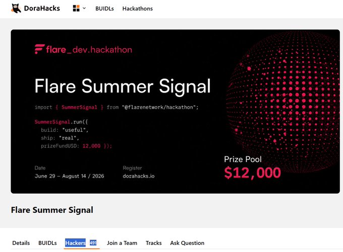 A screenshot of a DoraHacks webpage promoting the 'Flare Summer Signal' hackathon, showing a code snippet, a prize pool of $12,000, and dates 'June 29 – August 14 / 2026', with the 'Hackers' tab selected.