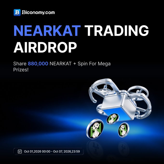 A promotional graphic for Biconomy.com advertising a 'NEARKAT TRADING AIRDROP' offering to share 880,000 NEARKAT plus spin prizes, running from Oct 01, 2026 to Oct 07, 2026, featuring a 3D cat-shaped drone with panda coins.