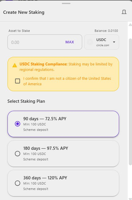 A screenshot of a "Create New Staking" interface for USDC with three staking plans: 90 days at 72.5% APY (selected), 180 days at 97.5% APY, and 360 days at 120% APY, each requiring a minimum of 100 USDC. The image relates to the post by illustrating an example of a real-world asset (RWA) staking product offering high yields on a stablecoin, though the cuts-off message suggests the author critiques such projects for merely tokenizing traditional financial models rather than innovating beyond them.