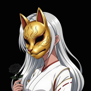 An anime-style illustration of a character with long white hair wearing a golden kitsune (fox) mask and traditional white clothing, holding a black rose.