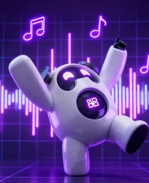 The image features a white robot with arms raised, standing on its hind legs against a purple background. The robot appears to be dancing or performing an action, possibly playing music as indicated by the presence of musical notes above it. The surrounding environment is filled with neon lights and sound waves, creating a futuristic atmosphere. The post about GM CX Many creator platforms in web3 is related to this image because it highlights how these platforms are not only community-driven but also focused on providing unique experiences for users through innovative technologies like blockchain and smart contracts.