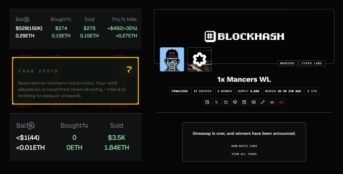 A screenshot of the BLOCKHASH website showing mint statistics, a 'YOUR SPOTS' message about burn contract allocations, and a '1x Mancers WL' giveaway marked as finalized.