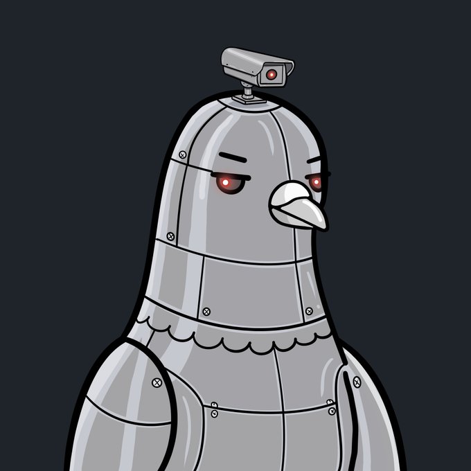 The image shows a cartoon-style mechanical pigeon with a robotic body, glowing red eyes, and a surveillance camera mounted on its head, fitting the "Robot Golub" (pigeon) theme. It complements the post by visually representing the sold NFT artwork—a robotic take on the classic pigeon character.