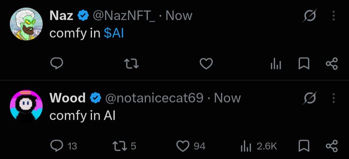 A screenshot of two X (Twitter) posts by 'Naz @NazNFT_' and 'Wood @notanicecat69', both with the text 'comfy in AI' or 'comfy in $AI'.