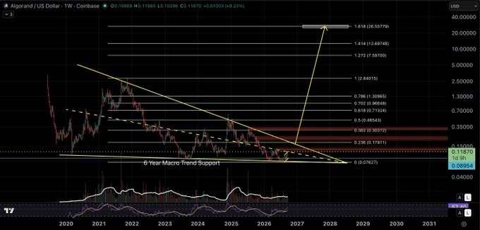 A TradingView weekly chart of Algorand/USD on Coinbase with technical analysis annotations, showing a '6-Year Macro Trend Support' line and Fibonacci extensions projecting targets up to 1.618 ($30.55779), extending through 2031.