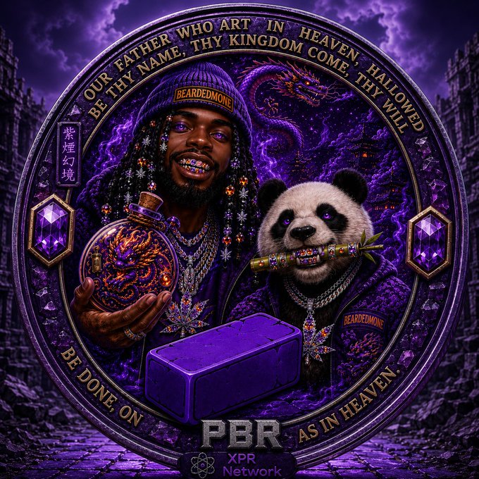 A similar ornate circular digital artwork featuring a man smoking a cigar and holding a dragon-emblazoned bottle alongside a panda with a cigar, framed by a prayer text border, with "BEARDEDMONK" labels and "PBR / XPR Network" logos at the bottom.