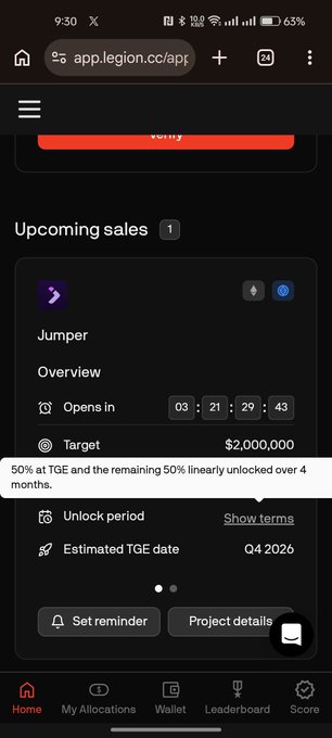 A mobile screenshot of the app.legion.cc website showing an 'Upcoming sales' section for a project called 'Jumper' with a $2,000,000 target and an estimated TGE date of Q4 2026.