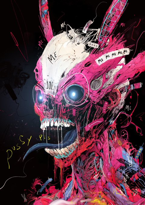 A disturbing, glitchy digital illustration of a pink and white skeletal creature with glowing blue eyes and sharp teeth, featuring scattered text reading 'ME', 'DUE', and 'POSY PLS'.