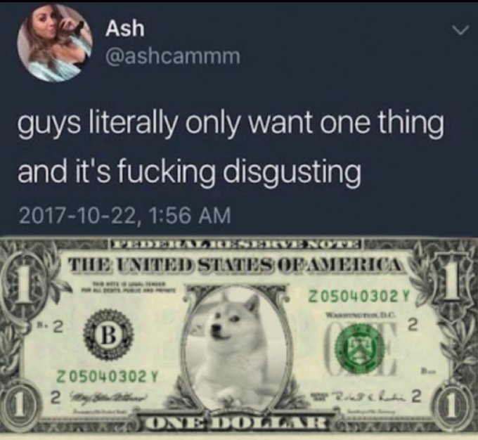 A tweet from user @ashcammm dated 2017-10-22 reads "guys literally only want one thing and it's fucking disgusting," with an image of a Shiba Inu dog photoshopped onto a one-dollar bill.