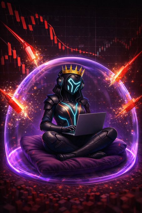 A vibrant digital illustration of a futuristic character wearing a glowing neon helmet and a crown, sitting cross-legged on a pillow while using a laptop inside a protective purple energy sphere.