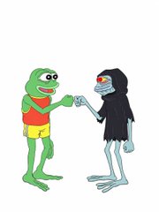 A cartoon illustration showing a smiling green Pepe-style frog character shaking hands with a blue, shaggy, Muppet-like creature against a white background.