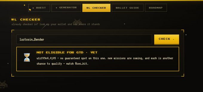 A 'WL CHECKER' page where a user entered the name 'lastcoin_Bender,' resulting in a message 'NOT ELIGIBLE FOR GTD · VET,' citing the wallet address 'ufzf09w4.j05' and redirecting to '@zec.bit'.