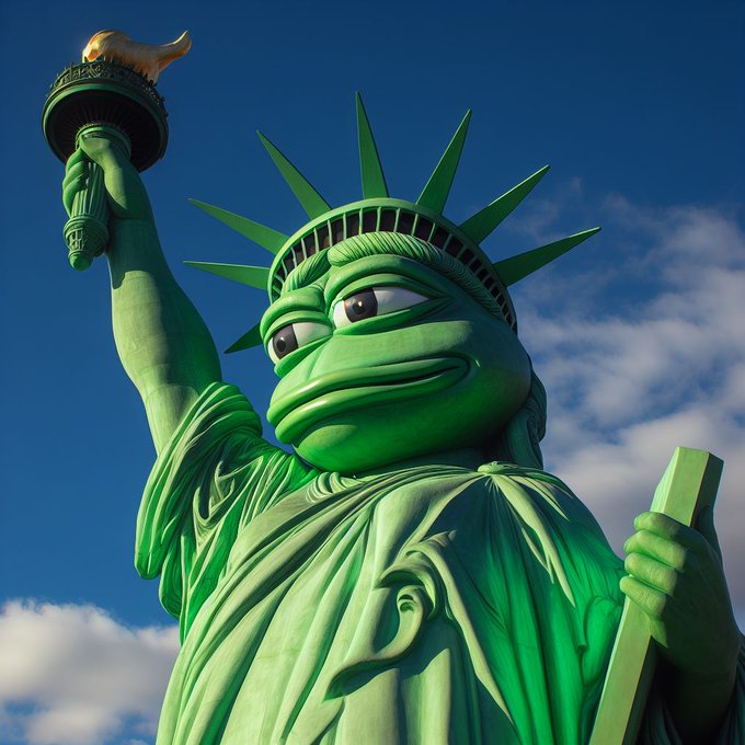 A 3D rendered illustration of the Statue of Liberty reimagined as a green Pepe the Frog character holding a torch against a blue sky with clouds.