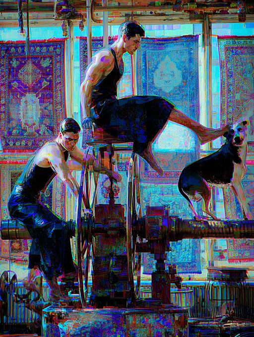 A vibrant, richly colored digital painting titled "Industrial Acrobatics" depicts two figures—a woman in a dark dress perched atop industrial machinery and a shirtless man seated beside her—accompanied by a dog, all set against a backdrop of patterned tapestries in luminous blues, purples, and yellows. The artwork's title is reflected in the scene's striking visual metaphor of figures balanced and posed like acrobats on heavy mechanical equipment, blending grace with industrial grit.
