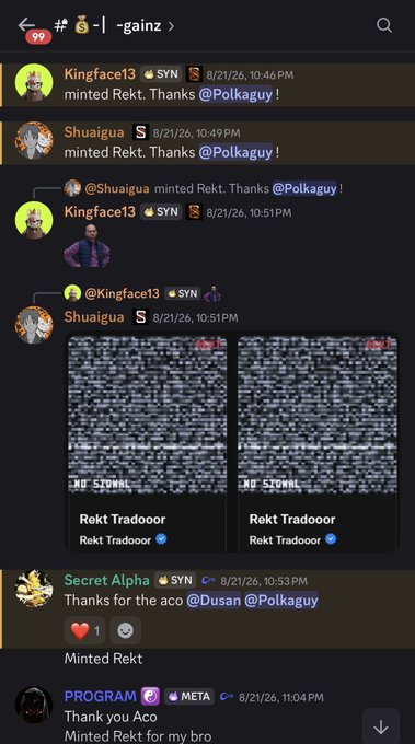 A Discord chat in the "gainz" channel shows users Kingface13 and Shuaiqua minting Rekt NFTs via Polk@Polkaguy, with Shuaiqua sharing two blurry images of "Rekt Tradooor" NFTs. Secret Alpha thanks the account for "aco" @Dusan @Polkaguy, while PROGRAM thanks Aco for minting Rekt for his bro, aligning with the post's mention of a Rektguy Trador Mint.