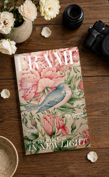 A BRAVE magazine styled flat lay on a wooden surface features floral cover art with a blue bird and headlines like "THE BEST IMAGES NOT ALWAYS ONLINE," "IN FULL BLOOM," and "MACRO WORLDS IN NEW LIGHT," surrounded by white roses, a camera lens, and a vintage camera.