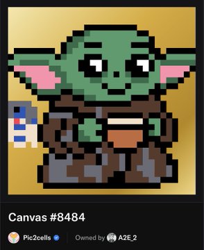 The image shows a pixel art NFT on the Pic2cells platform depicting a green Yoda-like character wearing brown robes and holding a bowl, accompanied by a small blue and white droid. The NFT is labeled "Canvas #8484," owned by "A2E.2," and aligns with the post celebrating Pic2cells as an addictive on-chain pixel art tool that encourages creating multiple pieces for a growing collection.