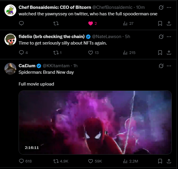 A screenshot of three X (formerly Twitter) posts discussing the full Spider-Man movie being uploaded online, with the top post from "Chef Bonsaidemic: CEO of Bitcorn" (@ChefBonsaidemic) mentioning the "yawnyssey on twitter, who has the full spooderman one," and the bottom post from @KKitamtam showing a 2-hour-16-minute Spider-Man video with 59K likes and 2.2M views—tapping into the viral trend that social media algorithms are heavily surfacing Spider-Man content.