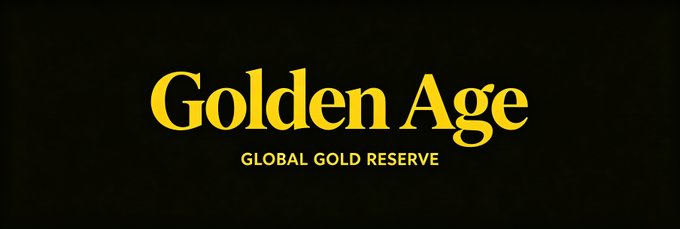 The image displays the text "Golden Age" in large yellow letters, with the subtitle "GLOBAL GOLD RESERVE" beneath it, all set against a black background. This appears to be branding or promotional content emphasizing stability and value, which aligns loosely with the post's message about sustaining momentum and ushering in a prosperous new era for Meme, though the image itself doesn't directly reference MEMED or Flap.