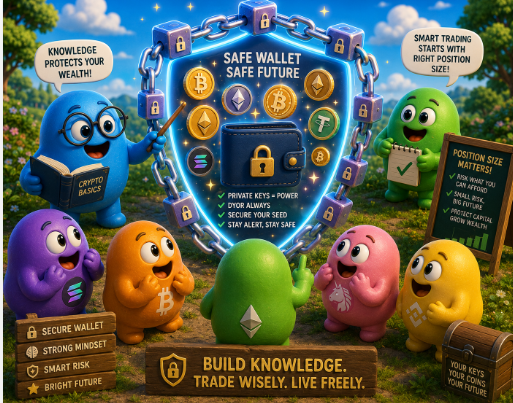 Colorful 3D-rendered cartoon characters of different cryptocurrencies stand around a glowing safe, surrounded by text like 'SAFE WALLET SAFE FUTURE,' 'KNOWLEDGE PROTECTS YOUR WEALTH!,' 'SMART TRADING STARTS WITH RIGHT POSITION SIZE!,' and 'BUILD KNOWLEDGE. TRADE WISELY. LIVE FREELY.'