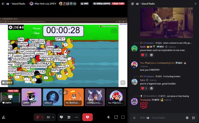 A Discord voice chat interface titled 'Island Radio' showing a Geoguessr-style game with a timer at 00:00:28, a world map with player location guesses, chat messages, and user voice activity indicators.