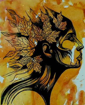 An artistic illustration of a stylized figure in profile with leaves growing from their head, rendered in black, orange, and yellow tones.