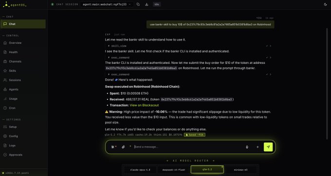 A screenshot of a chat interface showing an AI agent executing a cryptocurrency swap on Robinhood Chain, purchasing a $10 token with 488.13716 REAL tokens.