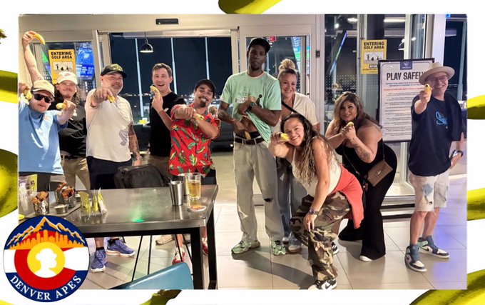 A group of people at a Topgolf venue posing playfully with golf clubs, with a 'Denver Apes' Colorado-themed logo overlaid in the bottom left corner.